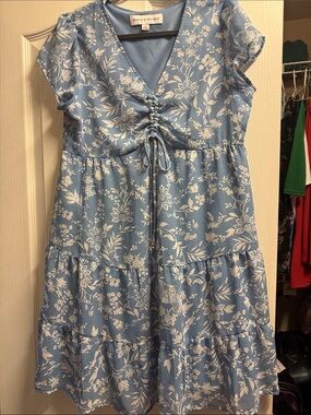 Emma & Michele Blue and White Floral Tie-Front Tiered Dress